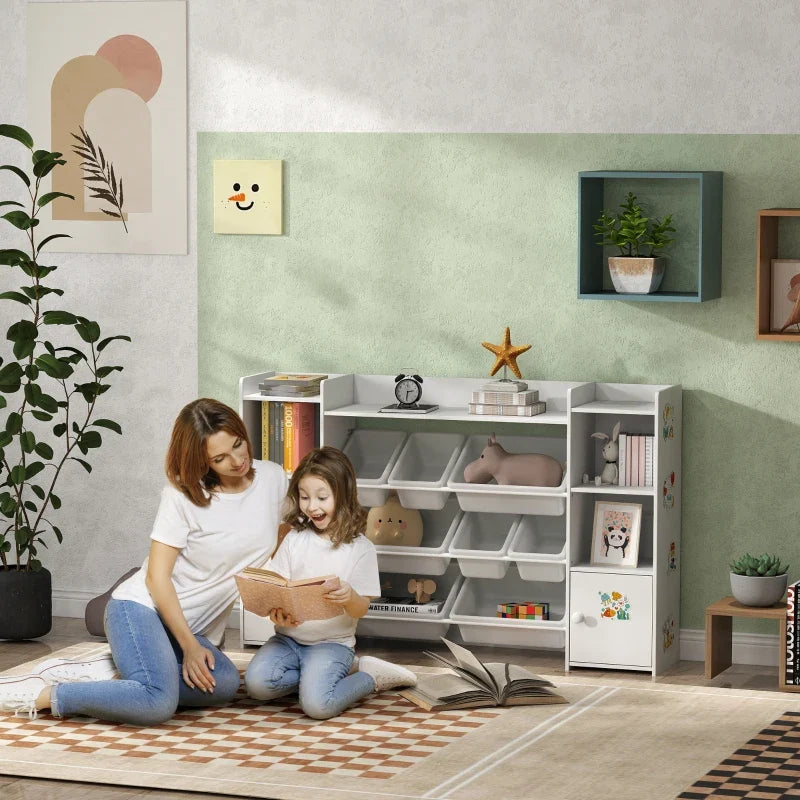 Qaba Kids Toy Organizers and Storage with 8 Removable Storage Bins and Bookshelf, White