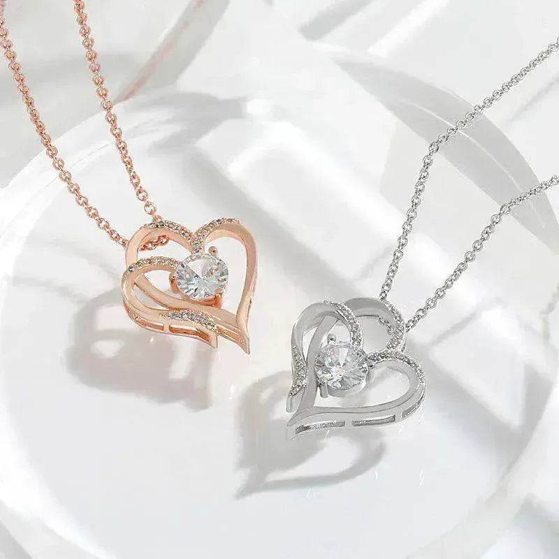 Zircon Double Love With Rhinestones Ins Personalized Heart-shaped Clavicle Chain Necklace