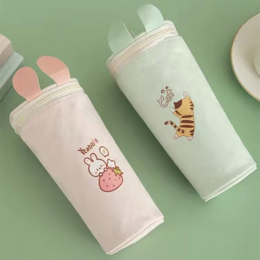 Kawaii Cartoon Canvas Pencil Case – Cute Round Pencil Bag for Kids & Students