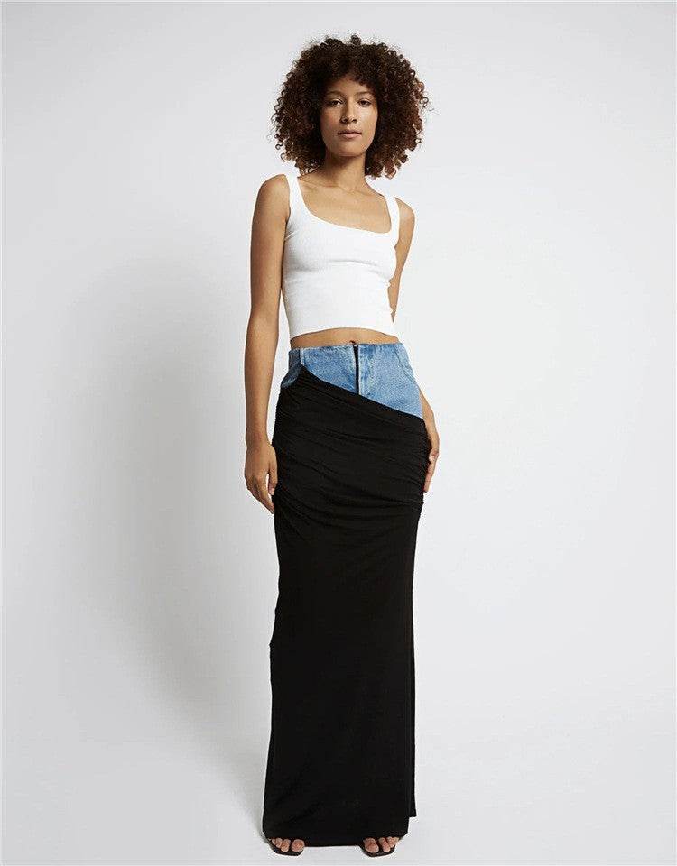 Fashion Black Panel Long Pencil Denim Skirt