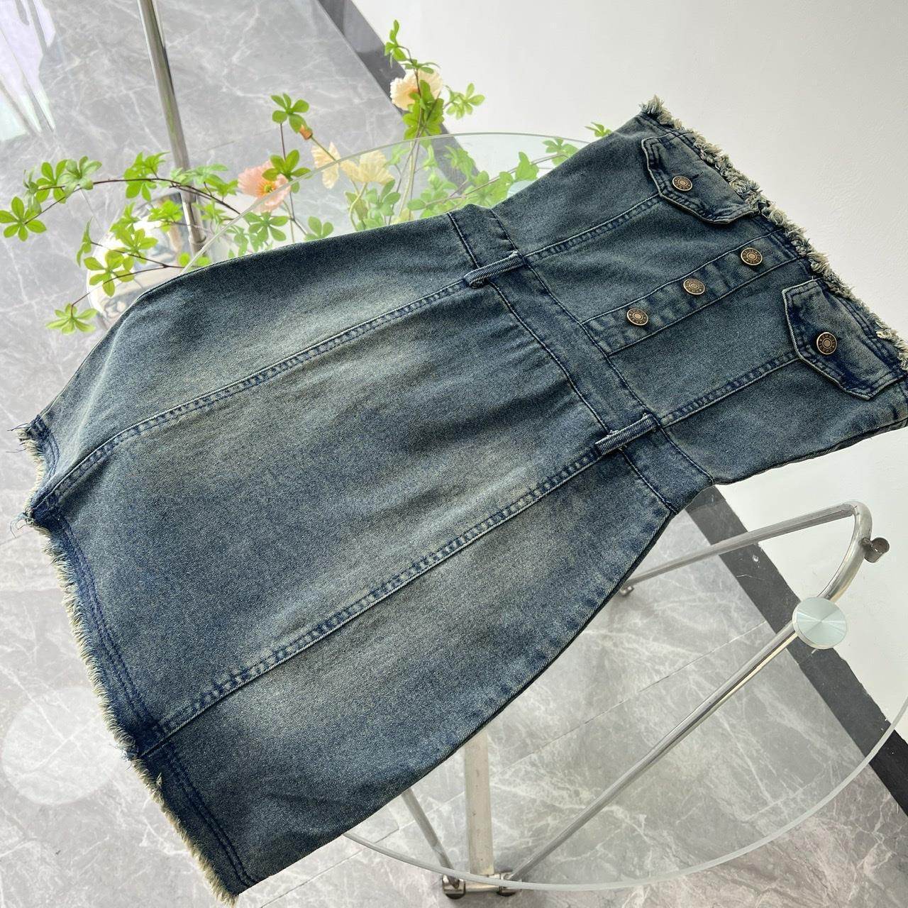 Design Waist-tight Tube Top Raw Edge Denim jeans mini club Dress