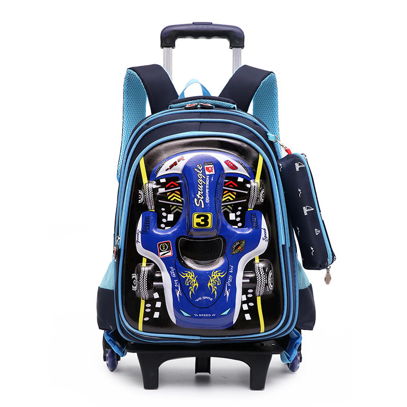 3D Car Trolley Waterproof Kids School Backpack with Wheels – Blue & Red