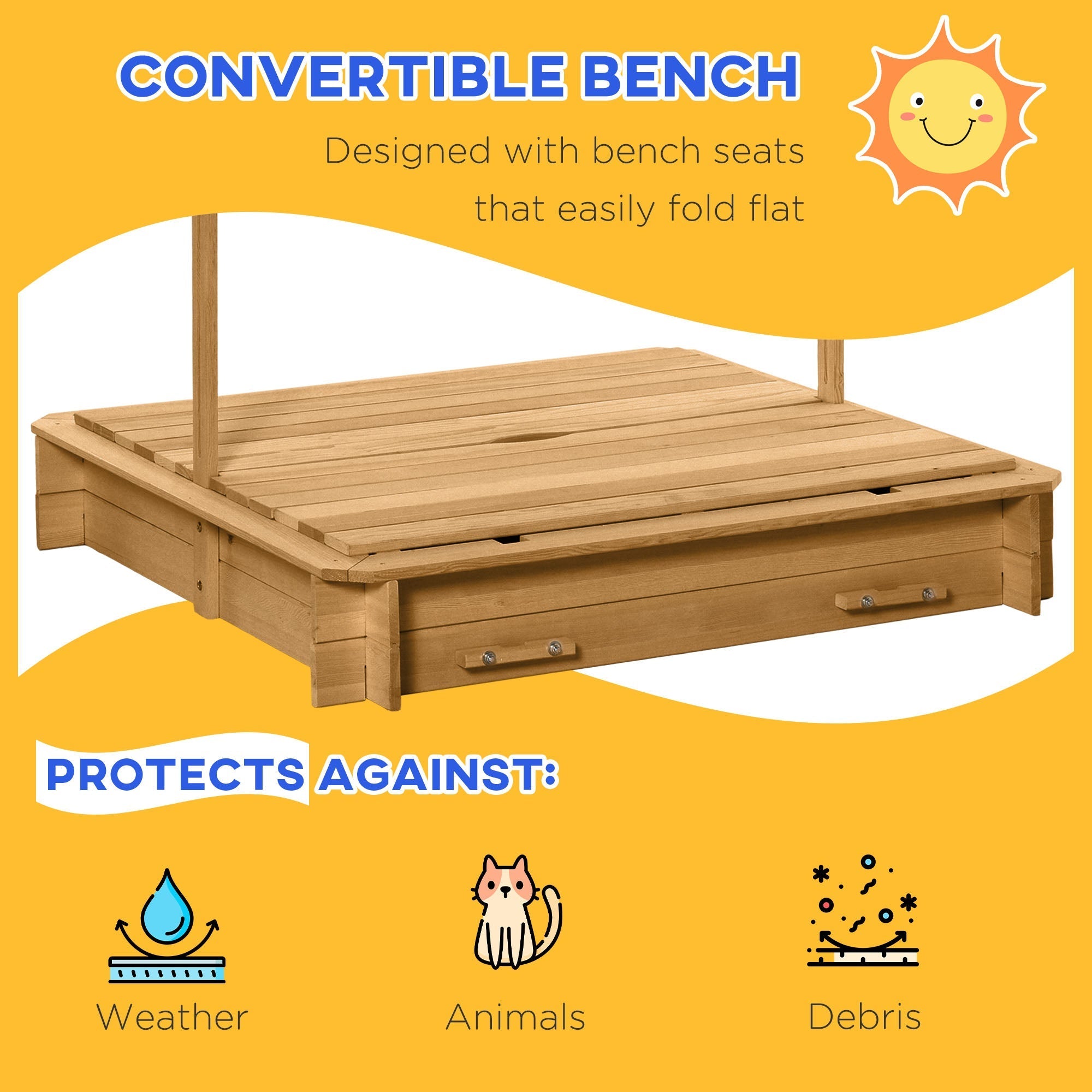 Outsunny Kids Sandbox Wooden with Cover Adjustable Canopy Foldable Bench Seats Sand Play Light Brown