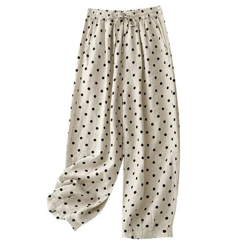 Women's Cotton Linen Harem Pants – Polka Dot Wide Leg Elastic Waist Boho Trousers