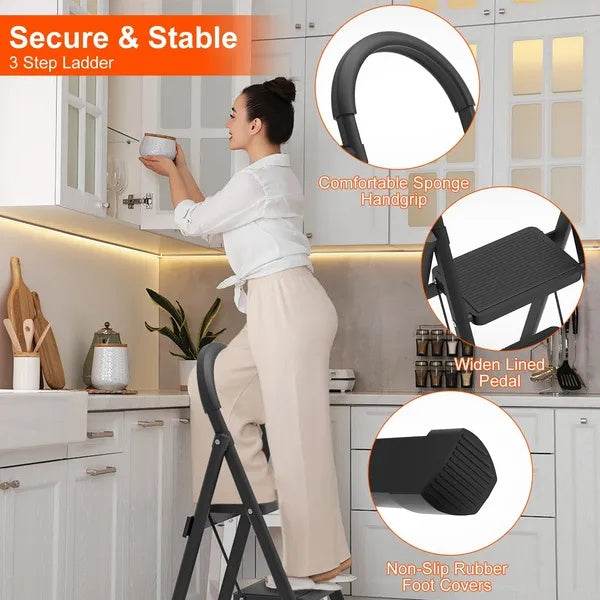 3-Step Folding Ladder, 330lbs Load Capacity, Lightweight 6.94lbs With 1.57in Folding Width, Heavy Duty Steel Construction, Non-Slip Pedals & Feet, Safety Lock, Multi-Use For Home Kitchen Living Room