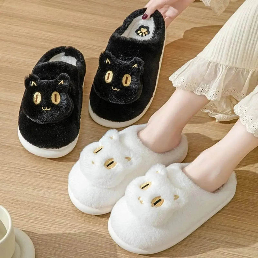 Winter Cotton Cat Slippers Soft Plush Comfy Warm Couple Slip-On House Cute Cat Face Slippers For Winte