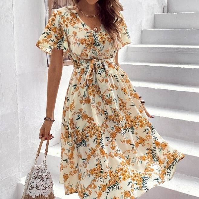 Women Bohemian Spring Short sleeve Casual flowy V-neck Tie belt Floral Summer Midi Dress