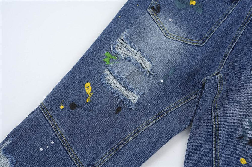 Ripped Paint Wide-leg Denim Trousers For Men Jeans