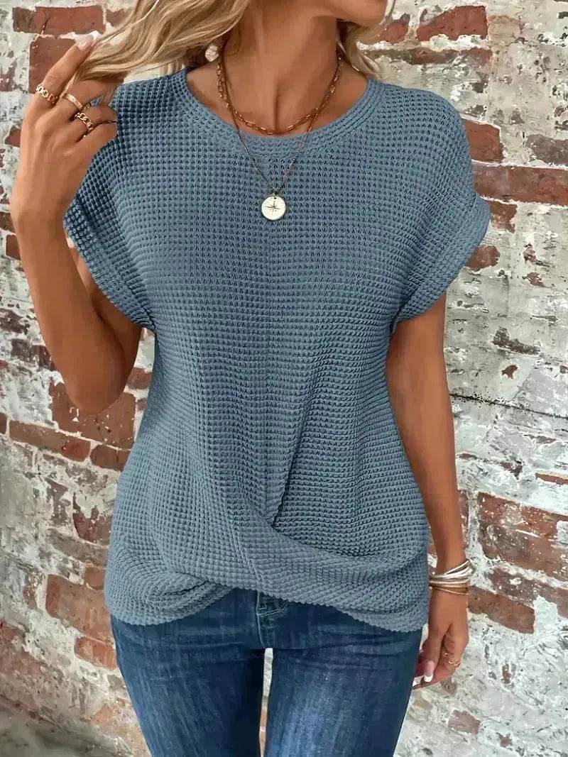 Casual Summer Short-sleeved Waffle blouse Top Summer New Solid Color Casual Evening Top For Women