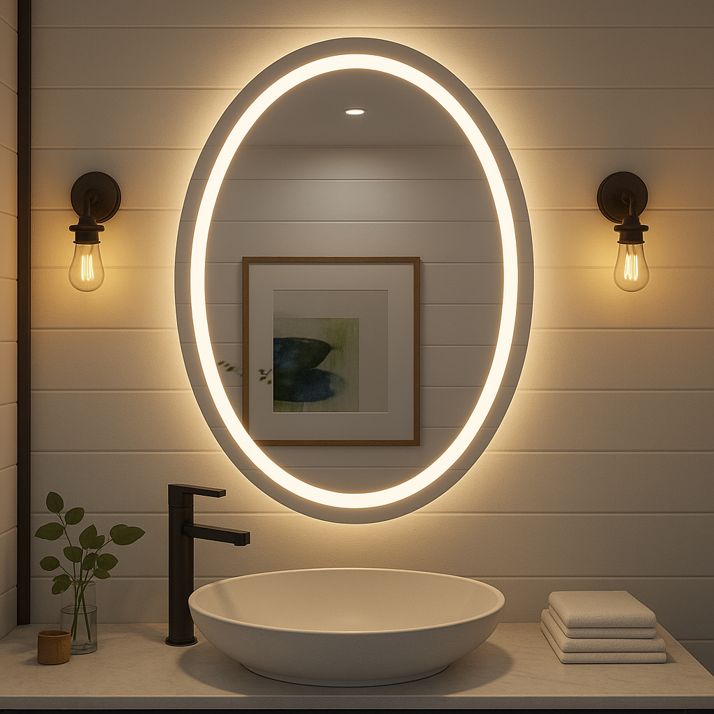Noir Éclipse Oval LED Bathroom Mirror — Front Glow Frosted Ring + Back-Lit Halo, Dimmable, Anti-Fog & Memory (3000K/4000K/5000K) | 24