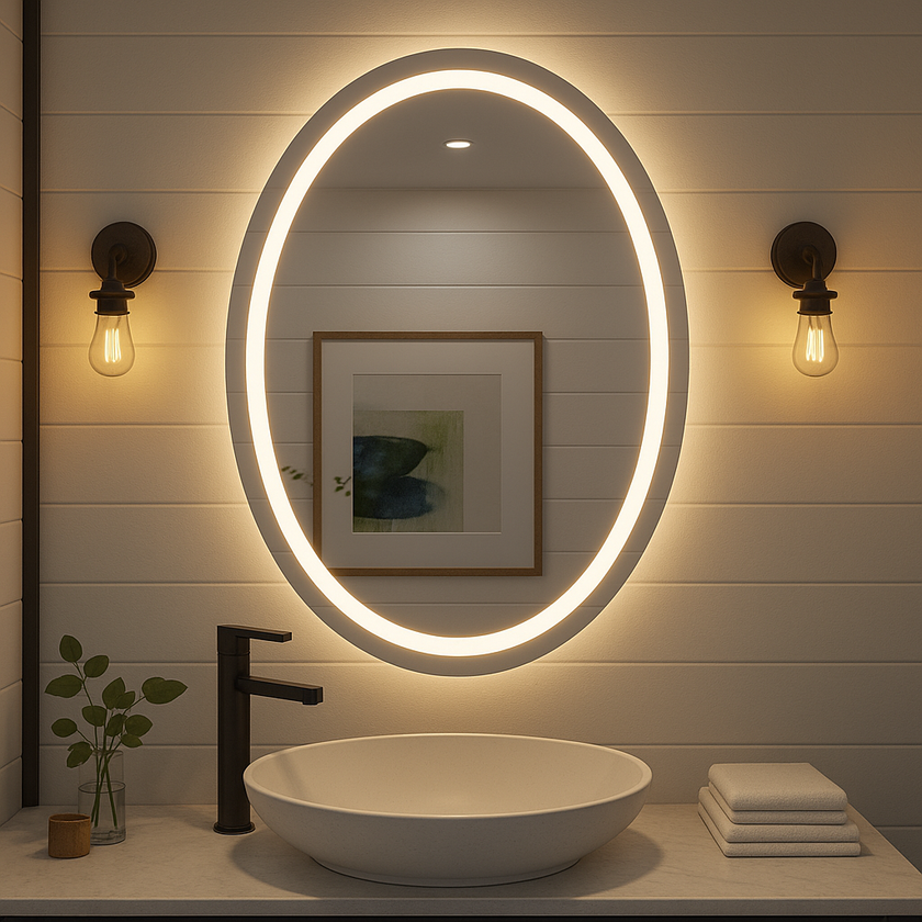 Noir Éclipse Oval LED Bathroom Mirror — Front Glow Frosted Ring + Back-Lit Halo, Dimmable, Anti-Fog & Memory (3000K/4000K/5000K) | 24