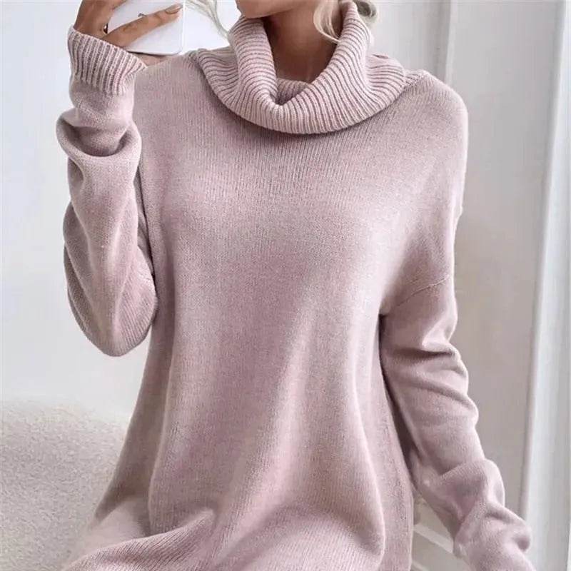 Autumn Winter Solid Cashmere  Loose  Mini Turtleneck sweater Dress
