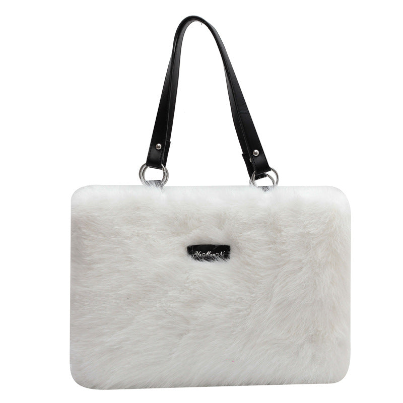 Women's Winter Plush Floral Shoulder Bag – Large Tote Handbag (White & Decor)