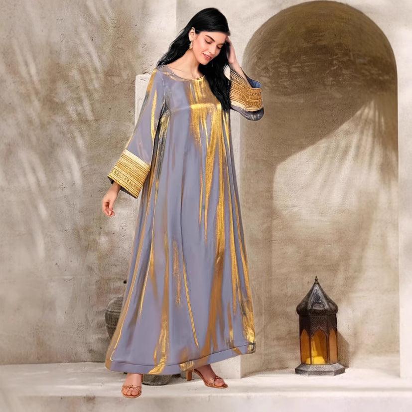 Women’s Kaftan Maxi Dress – Elegant Loose Abaya Gown with Gold Embroidered Sleeves | Modest Islamic Long Dress