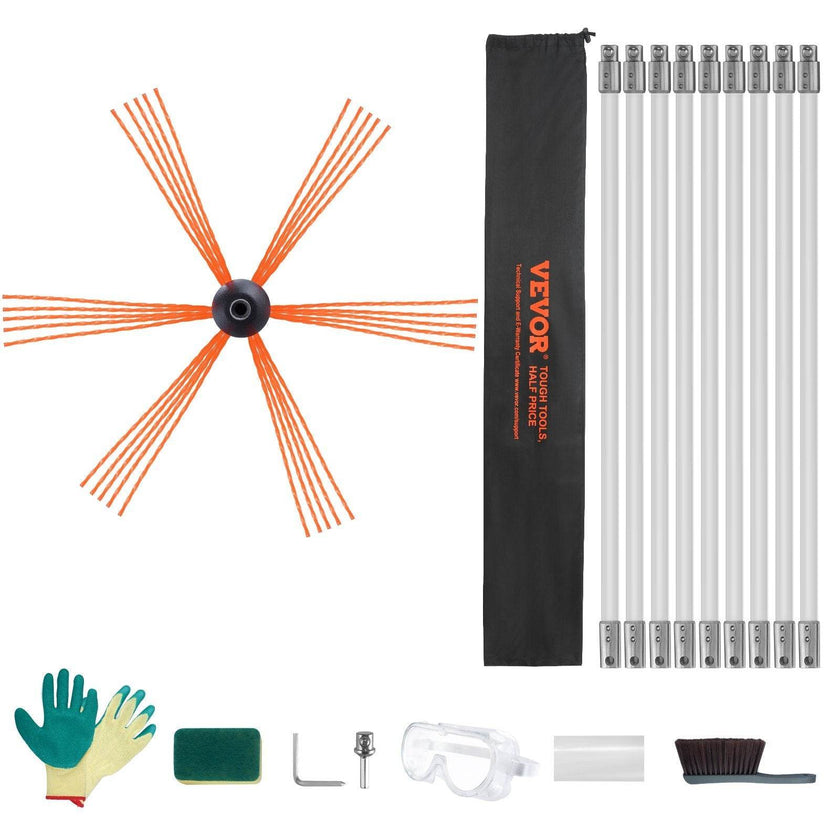 30 Feet Chimney Sweep Kit, W 9 Reinforced Nylon Flexible Rods, Ergonomic Chimney Cleaning Brush, 360-Degree Brush Chimney Cleaner, Rich Accessories For Fireplace Flue Home Use Fits Most Pipes