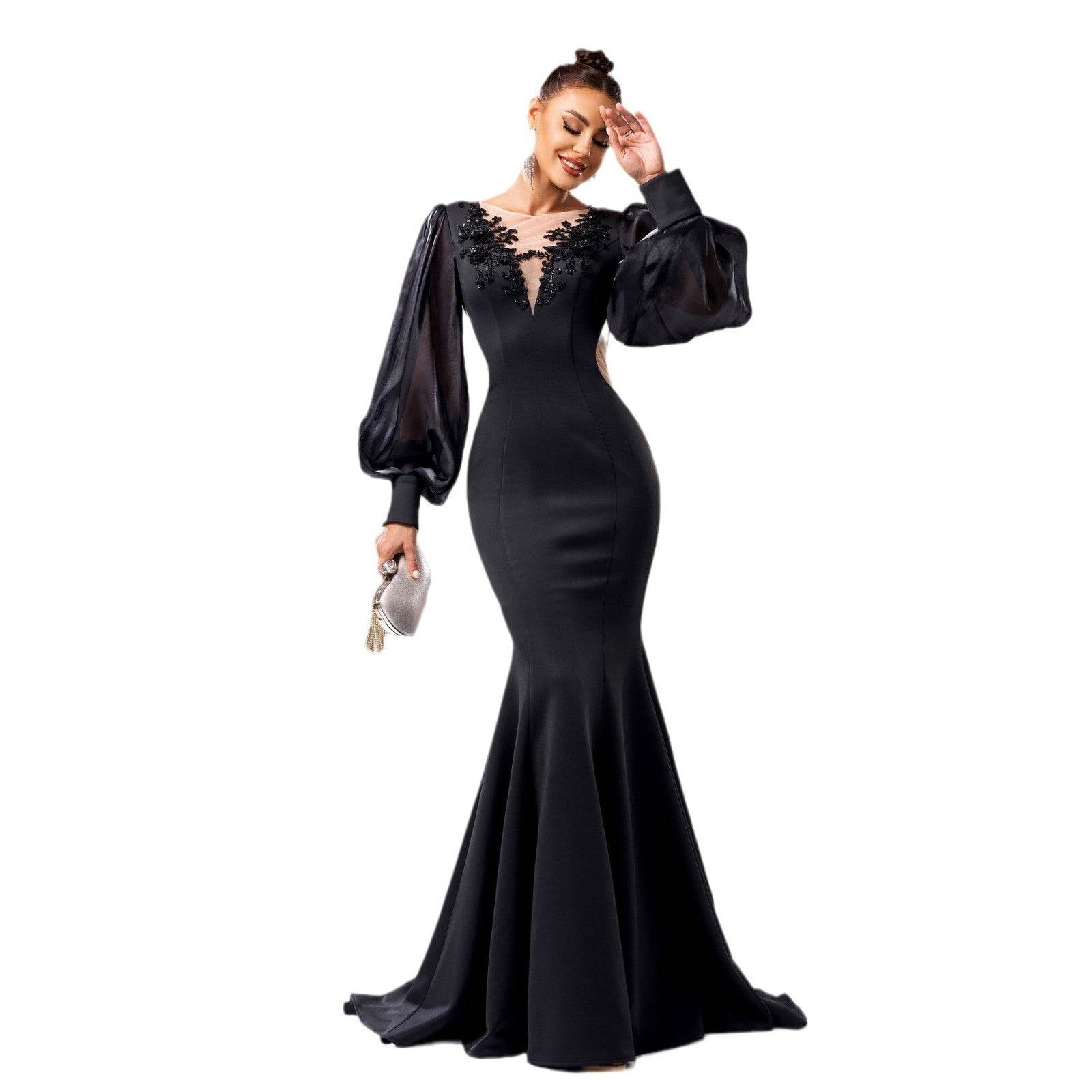 Lantern Sleeve Banquet Applique Sheath Fishtail Mermaid Dress