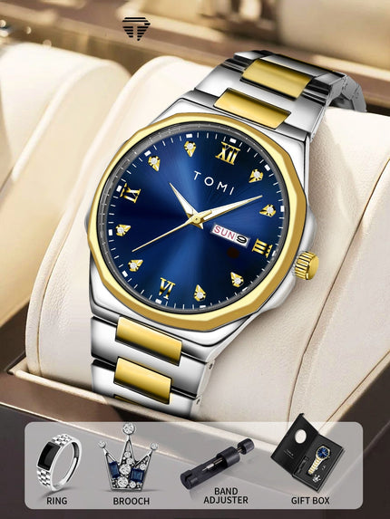 TOMI Diamond Encrusted Quartz Watch for Men – Stainless Steel Dress Watch
