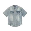 Retro Side Three Bar Stripes Short Sleeve Denim Shirt Outfit Men Jeans
