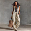 Women's Sleeveless Linen-Blend Jumpsuit – Loose Wide-Leg, Full Length
