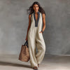 Women's Sleeveless Linen-Blend Jumpsuit – Loose Wide-Leg, Full Length