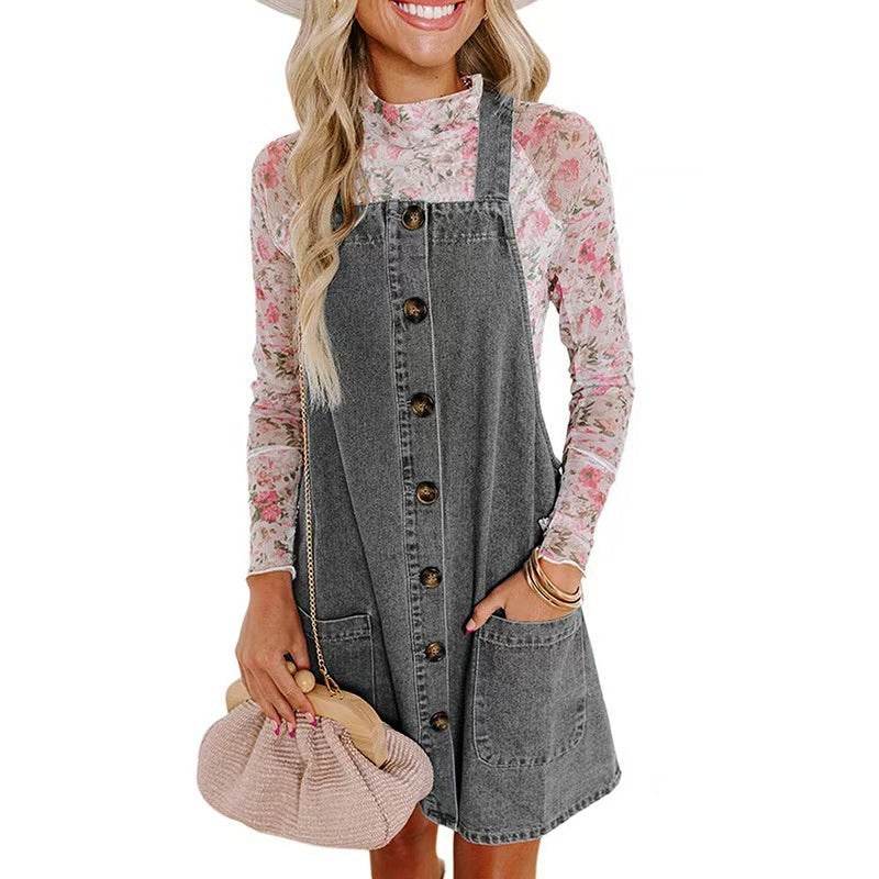 Loose Denim Dungaree Mini Dress for Women