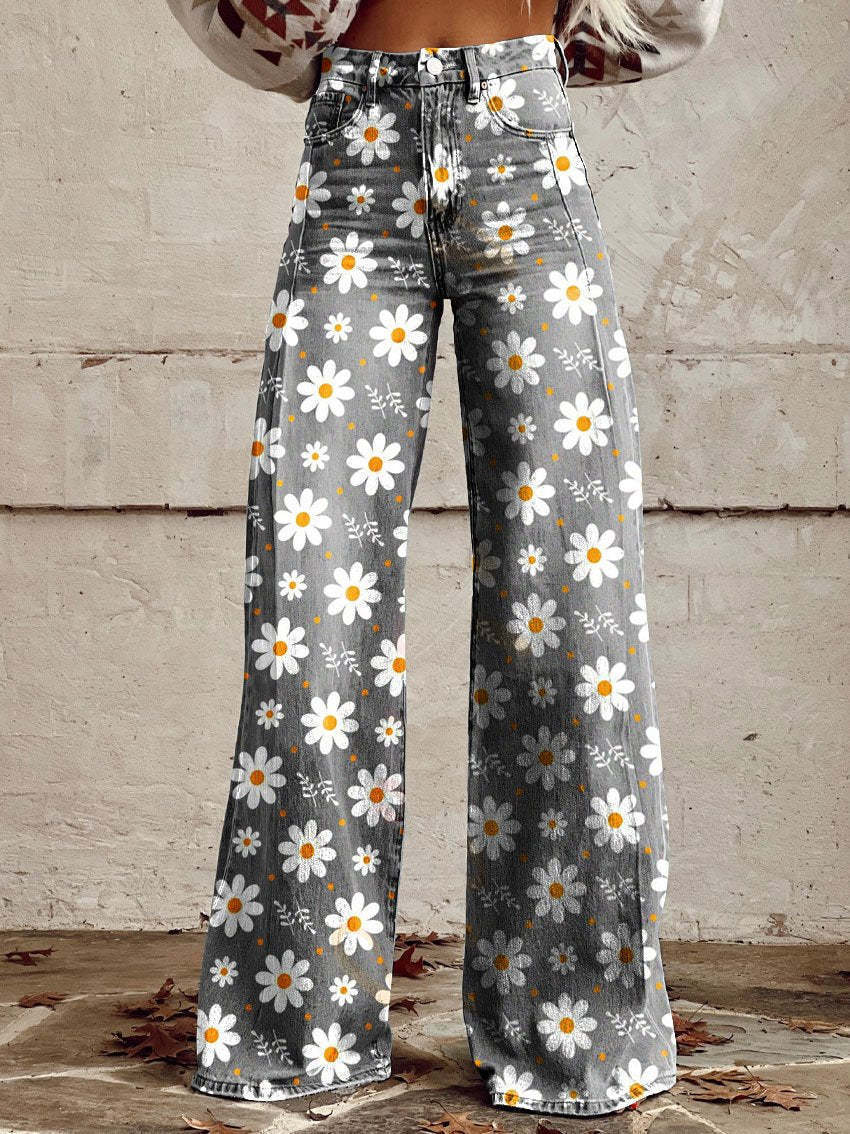 Graphic Printed Pants for Women – Stretch Denim Look Casual Trousers