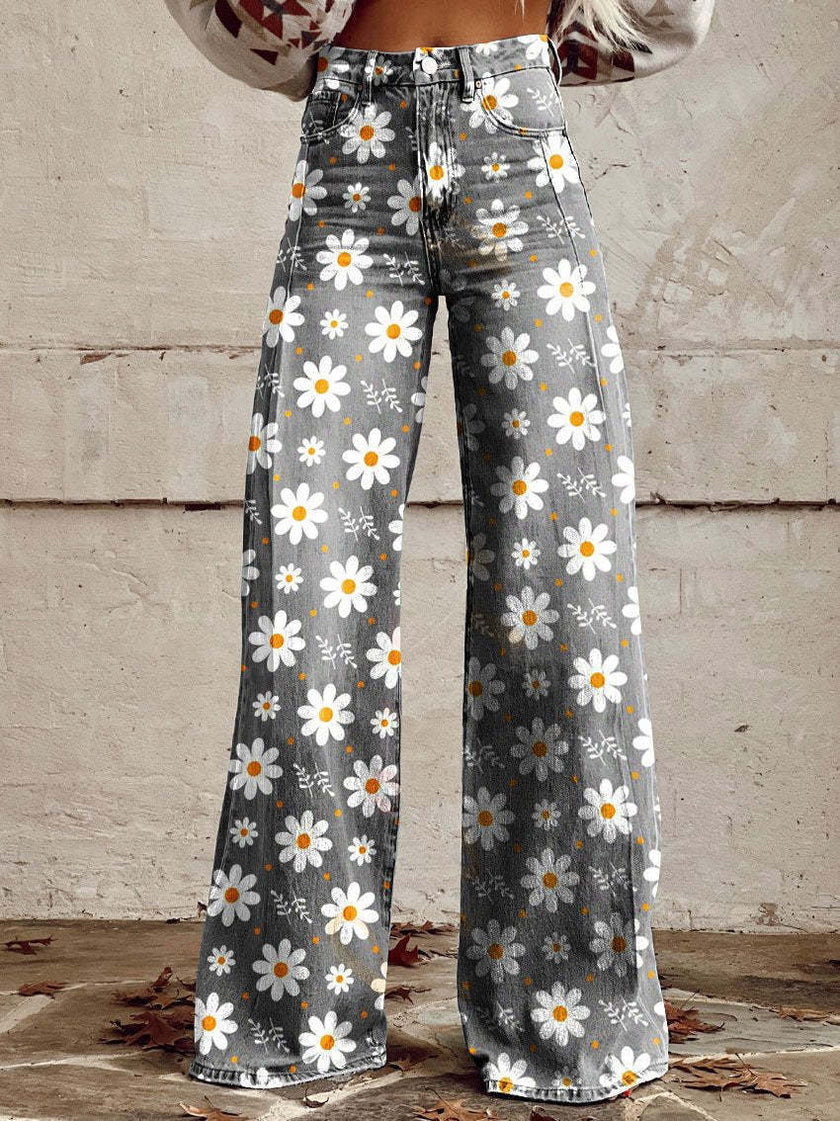 Graphic Printed Pants for Women – Stretch Denim Look Casual Trousers