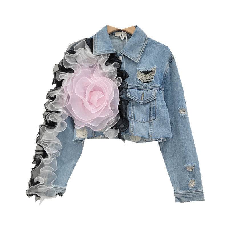 Elegant women fashion embroidered cropped Ripped blue Denim Jacket