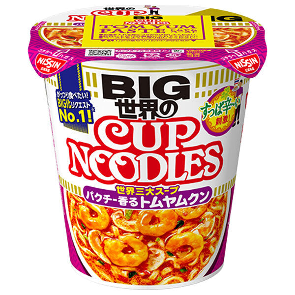 Nissin Cup Noodles Tom Yum Kung Big, 100g x 12, avec une saveur de coriandre.
