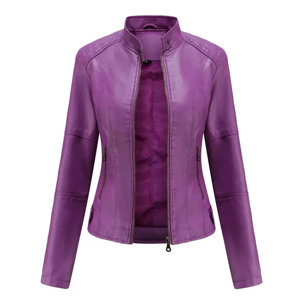 Fashioned European and American Slim fit stand collar Leather jacket for women