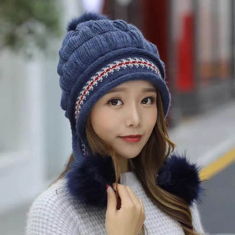 Women Cozy Knit Fleece-Feel Beanie With Ear Flaps Winter Hat Perfect For Skiing & Outdoor Activities