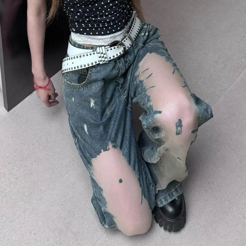 Retro Washed Ripped Baggy Jeans Pant For Women Summer Hollow Out