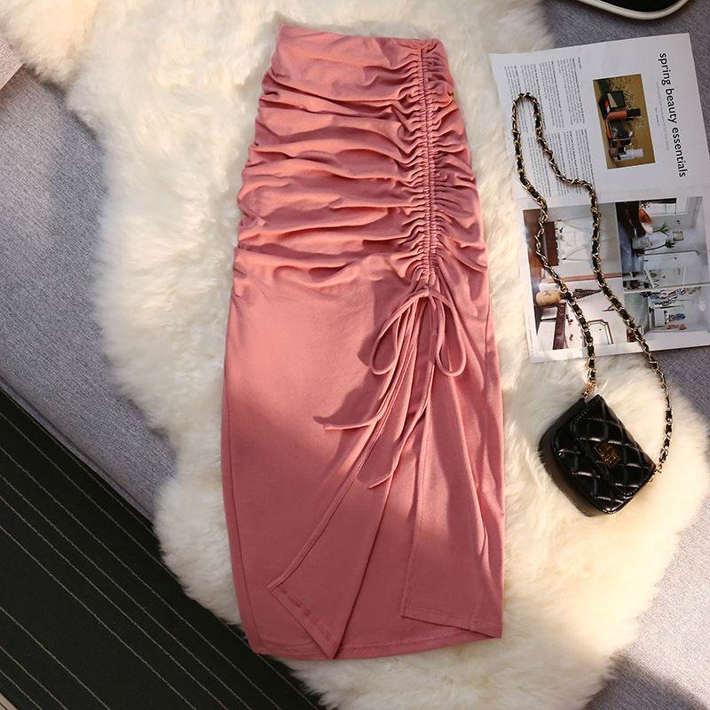 Women's drawstring Side Slit Pleated Hip Midi Skirt