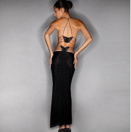 Halter neck Spaghetti Backless Butterfly Design Spring Summer long dress