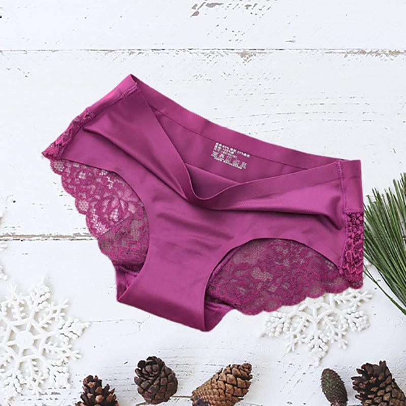 Women's Ice Silk Lace Briefs 3-Pack Seamless Mid-Waist Floral Underwear