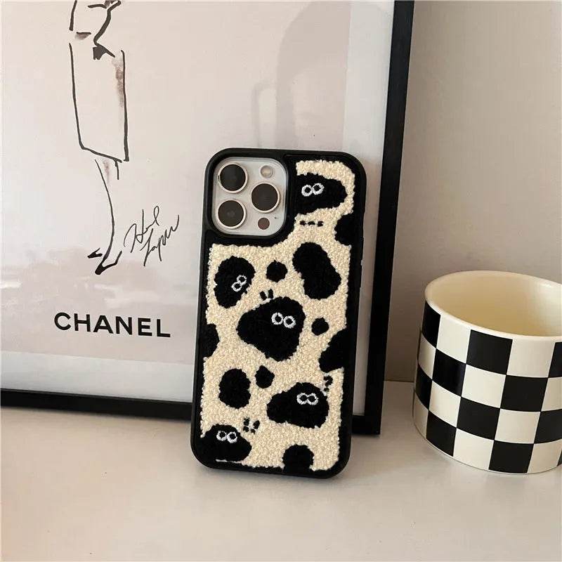 Plush Embroidery Cute Briquettes Silicone iphone Case women