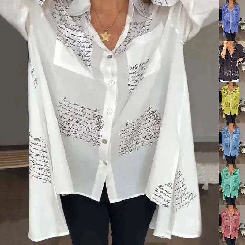 Letter Print Long Sleeve Shirt Fashion Commuter Style Lapel Shirt Women's Clothing