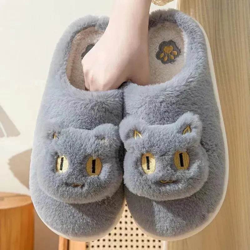 Winter Cotton Cat Slippers Soft Plush Comfy Warm Couple Slip-On House Cute Cat Face Slippers For Winte
