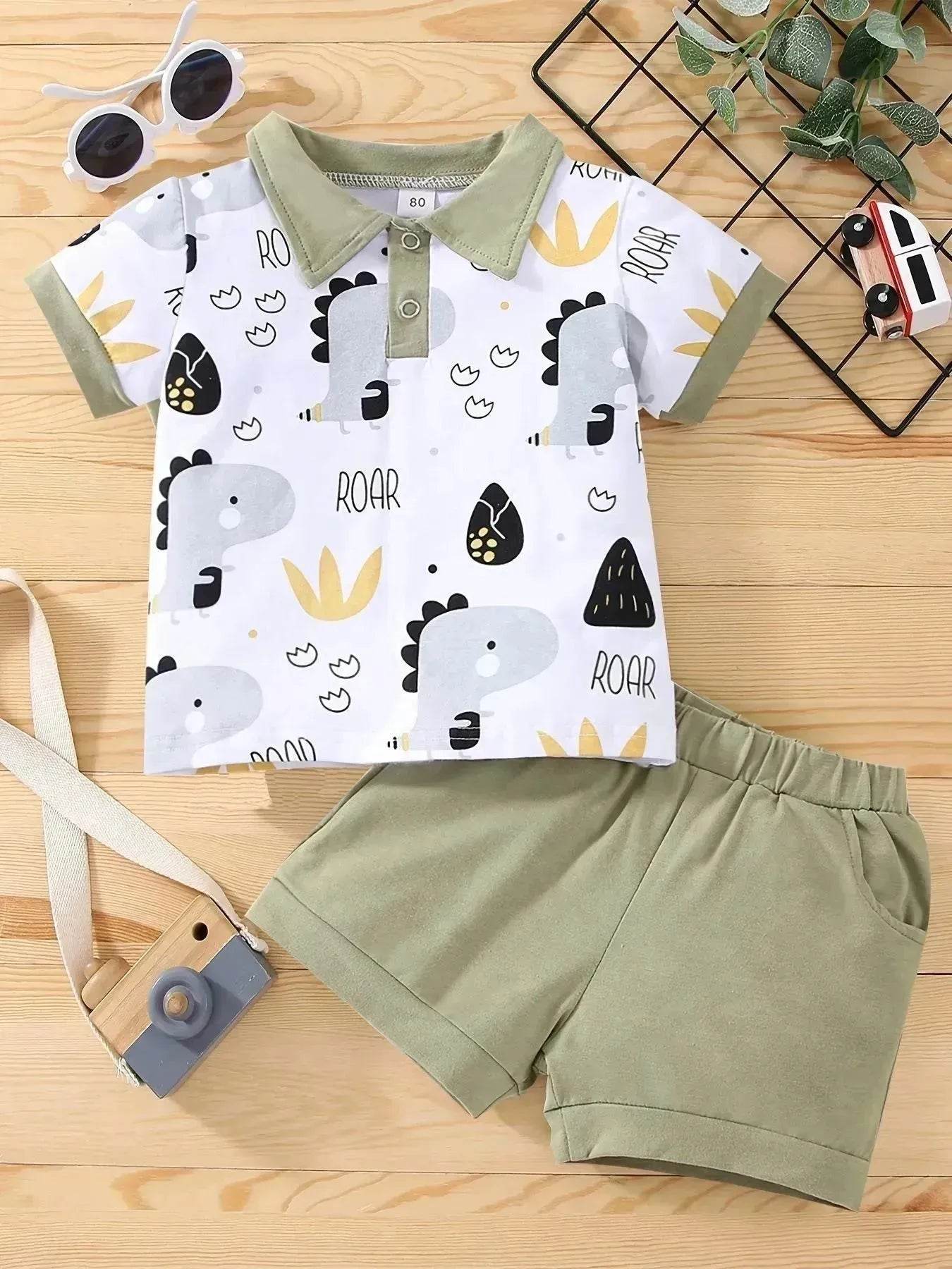 Boy's Little Dinosaur Lapel Cotton Short Sleeve Top Short Pants Suit Two piece for boys.