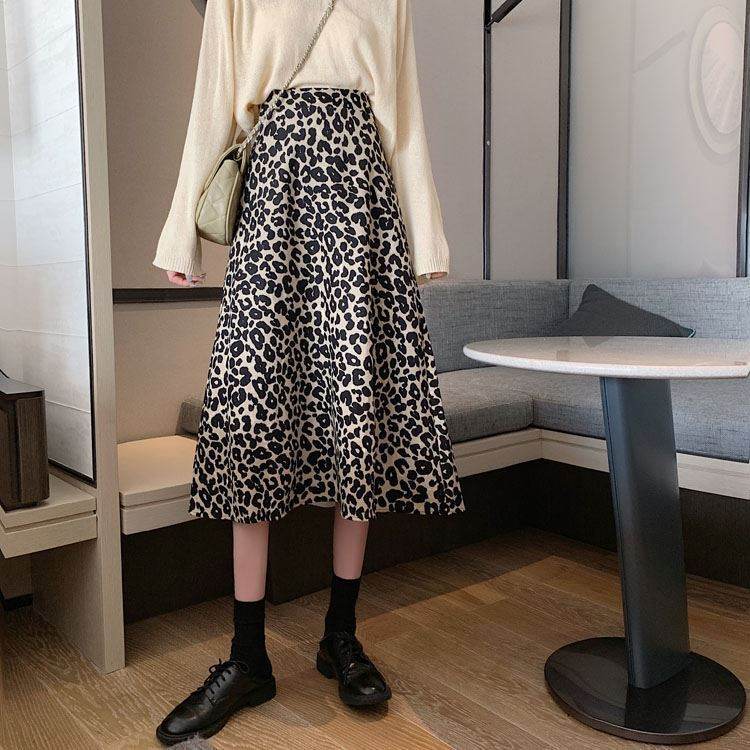 Women High waist Leopard color Midi Skirt
