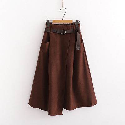Solid Color Leisure Artistic Pocket High Waist Irregular flared Midi Skirt for work women