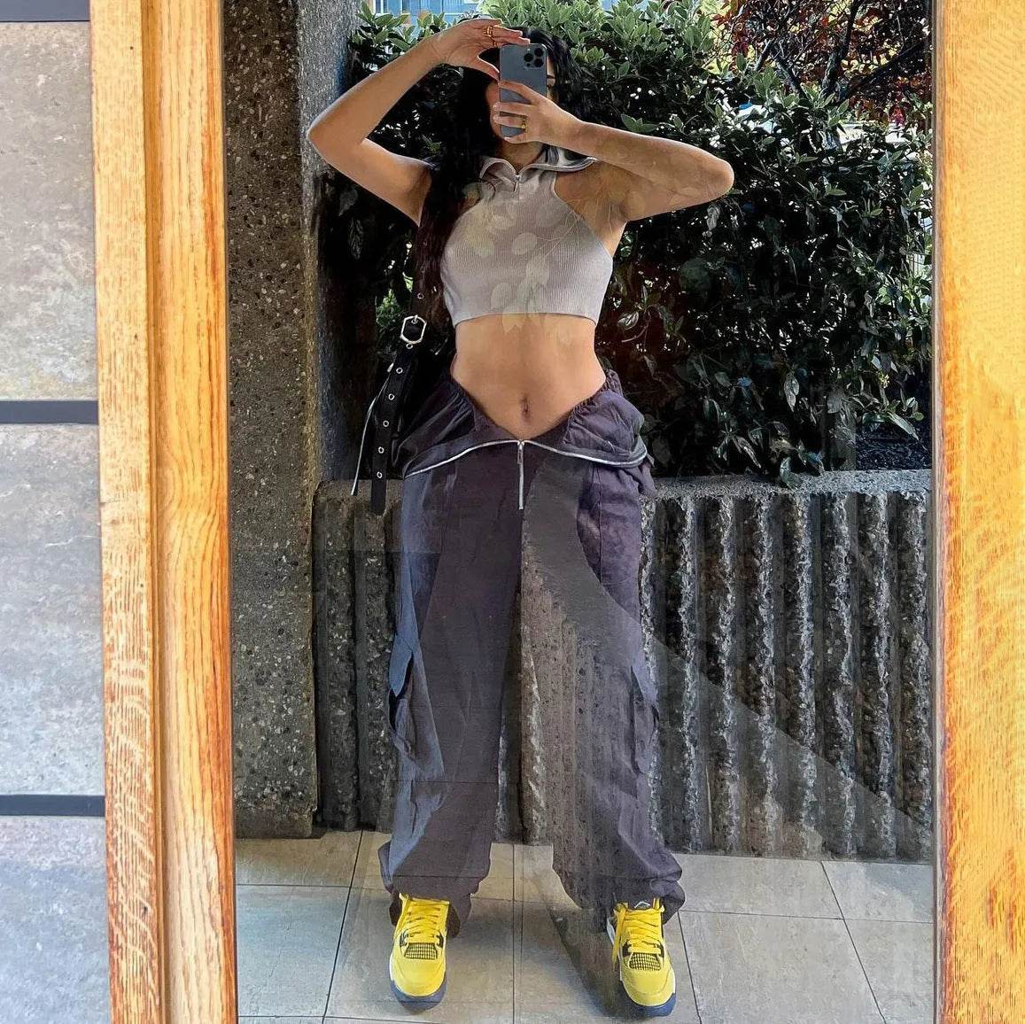 Solid Color High-waisted Zipper V Loose Straight Pocket Street fashion Cargo Pants Women