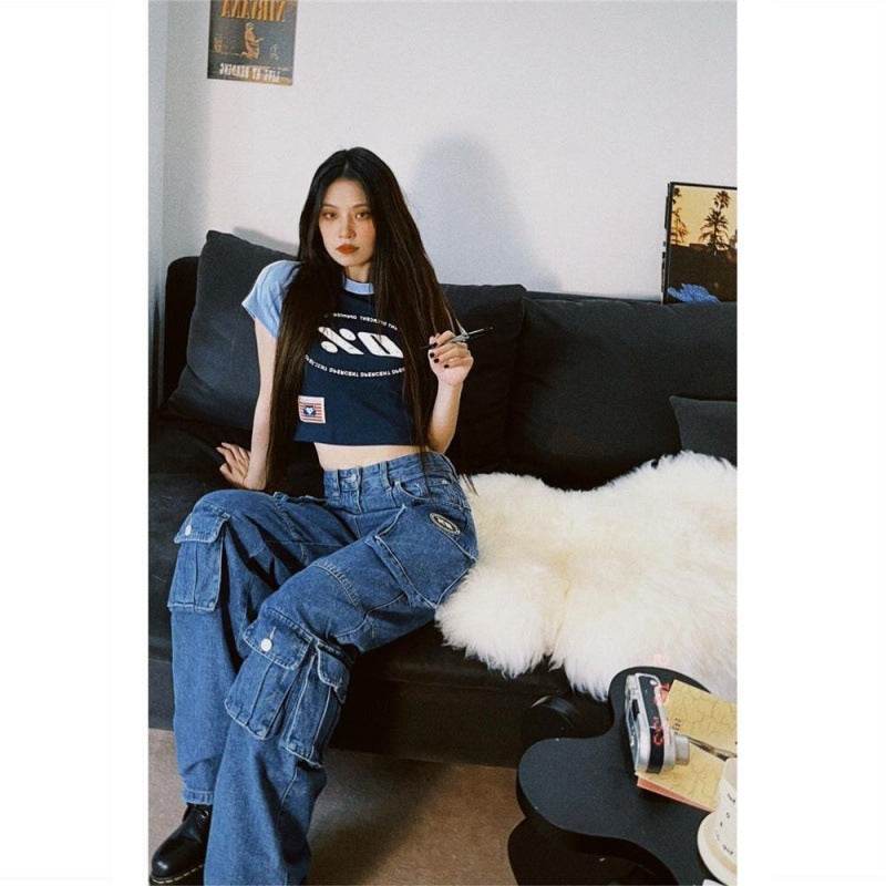 Blue Denim Pant Baggy Boyfriend Cargo Jeans for Women
