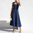 Women Sleeveless Sling Distressed Casual Style Button Denim Long Dress