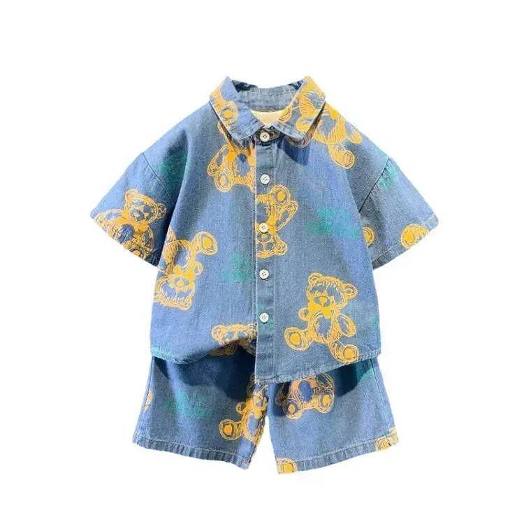 Denim Short Sleeve Shirt Outfit Trendy Handsome Clothes Boys Denim two piece for boys