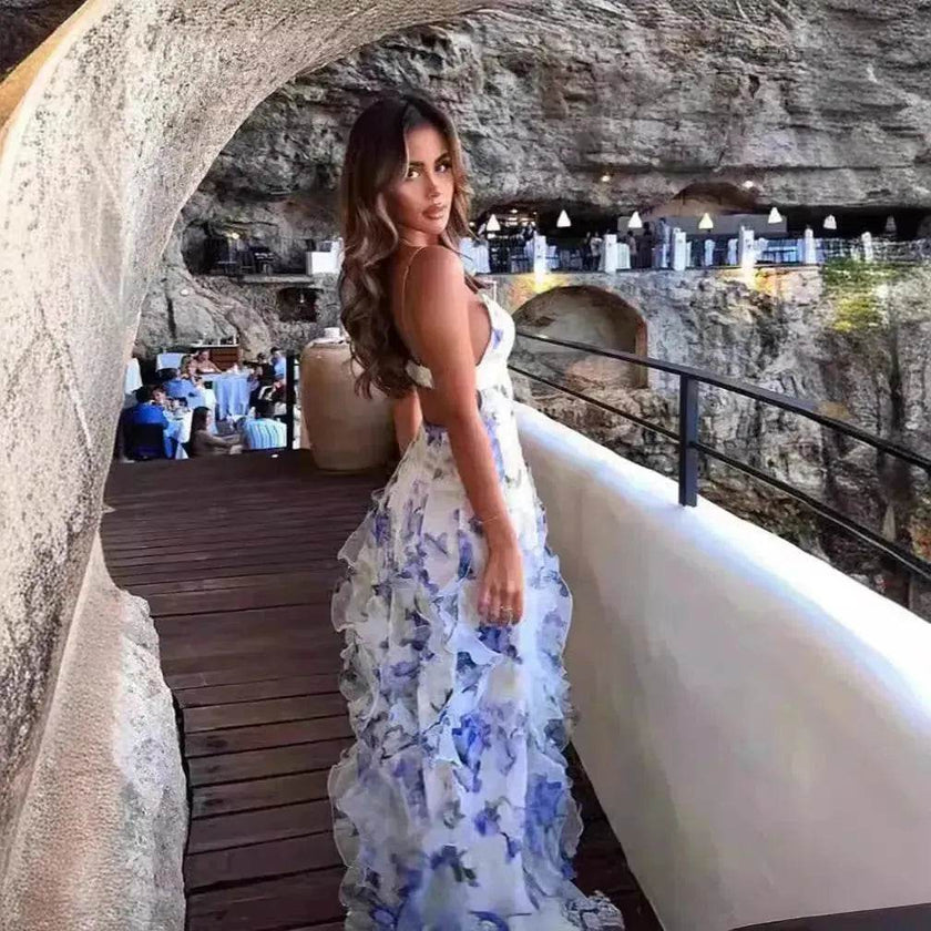 New Women's Spring And Summer Dew Fairy Sleeveless Backless Floral Long Dress