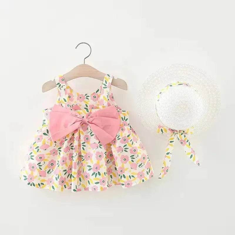 Baby Girl Floral Princess Dress with Matching Hat – Cotton Suspender Sundress for Toddlers