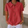 Turn-Down Collar Waffle Weave Solid Color Casual Loose Fit Short Sleeve Shirt - Women's Cotton Blend Lightweight Summer Top For Daily Wear