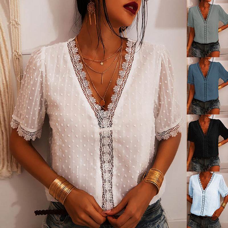 Women Chiffon blouse top  European And American spring summer Embroidered Lace Short-Sleeved Blouse Women