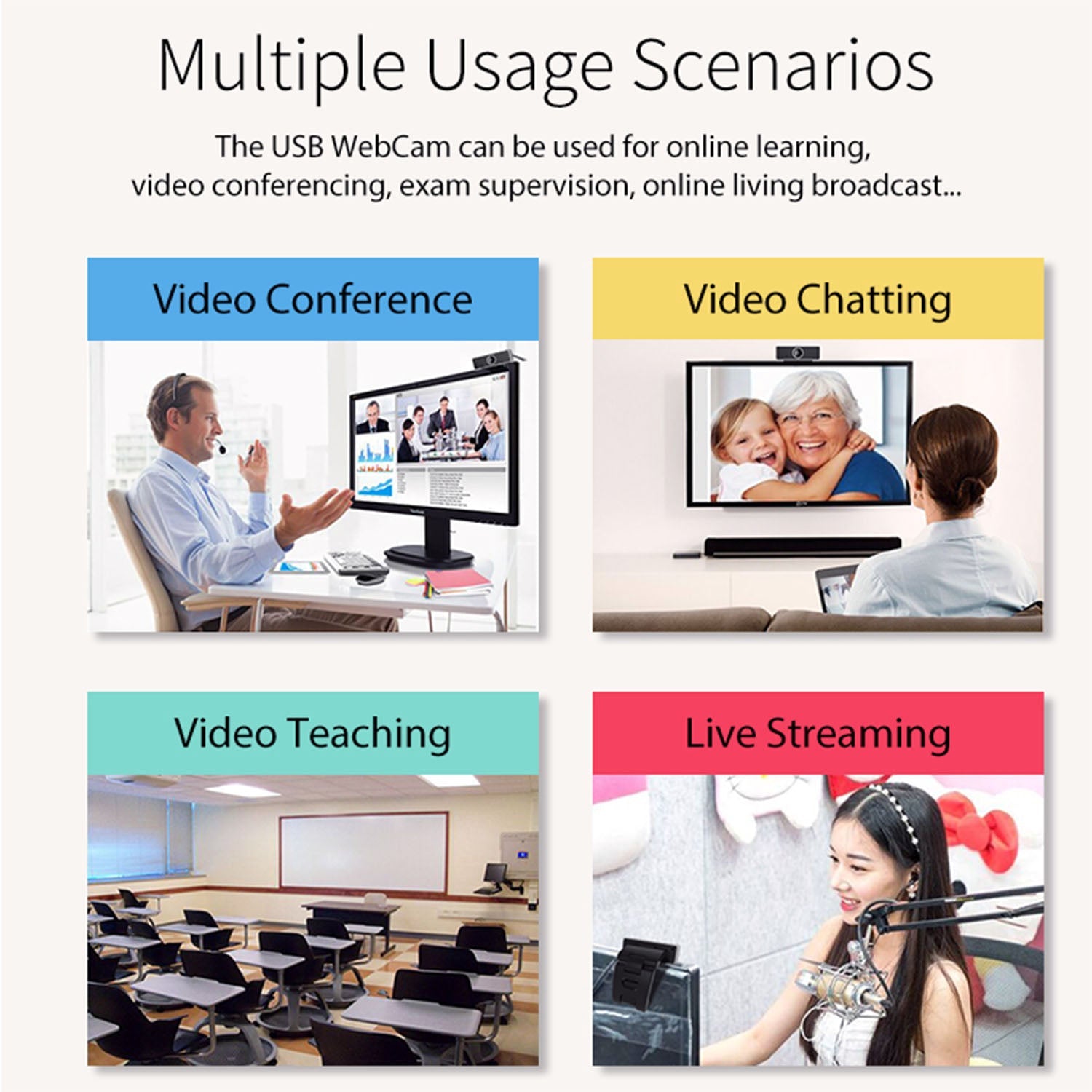 1080P USB Webcam with Autofocus, 60° Wide Angle and Built-In Microphone